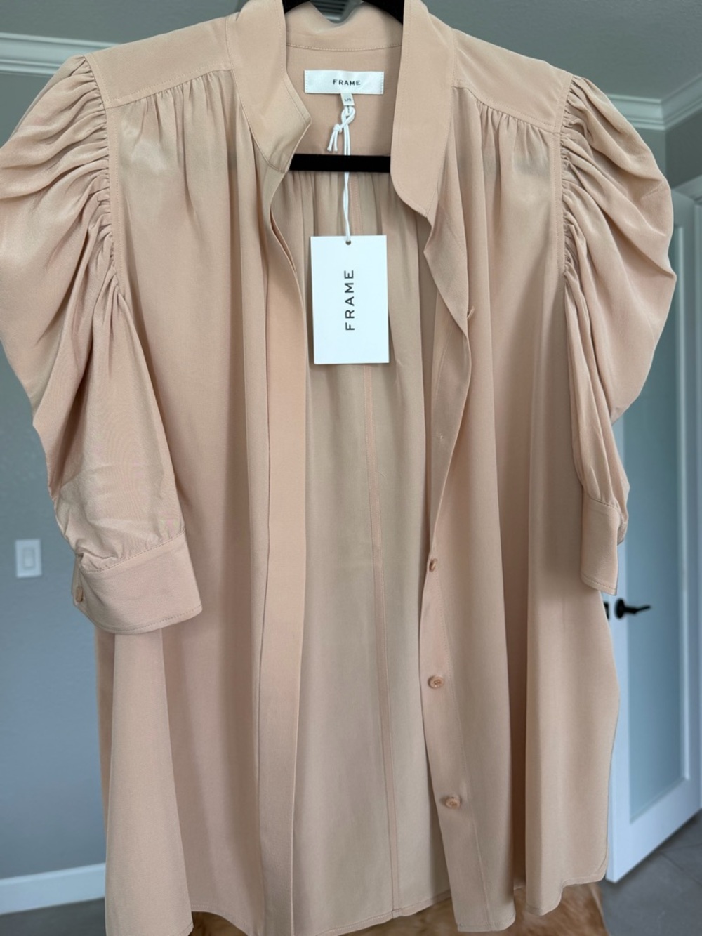 Frame Denim Silk Puff-Sleeve Blouse in Blush Pink
